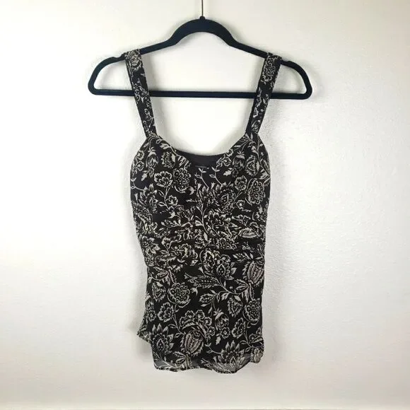 Women's Ann Taylor Brown Chiffon Floral Ruched Business Casual Attire Size 02 - Picture 1 of 11